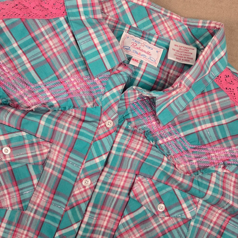 Panhandle Western Plaid Shirt XXL Turquoise Pink Lace Yoke Lurex Roll tab Sleeve